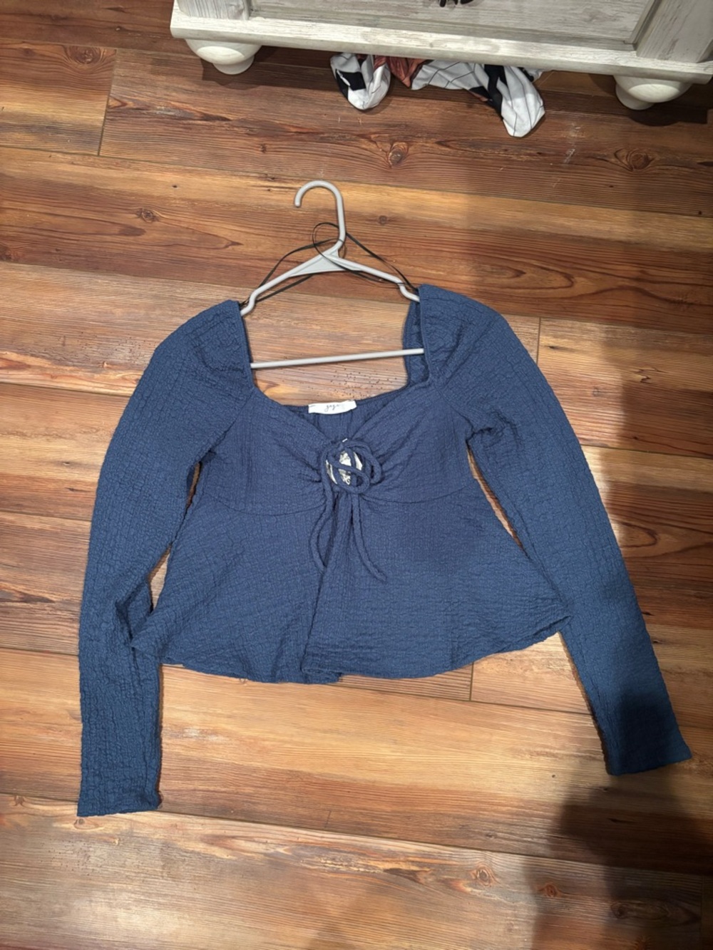 Textured Tie-Front Long Sleeve Top - Navy